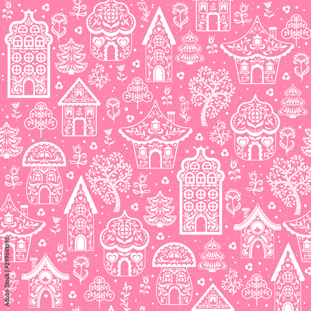 Fabulous white silhouettes of houses with ornaments. Decorative seamless background on pink background. folk art. Scandinavian style.