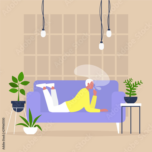 Young male character smoking a vape or a joint of cannabis on a sofa in a cozy interior with houseplants, modern millennial lifestyle