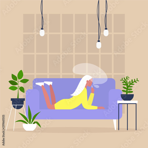 Young female character smoking a vape or a joint of cannabis on a sofa in a cozy interior with houseplants, modern millennial lifestyle