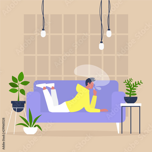 Young male character smoking a vape or a joint of cannabis on a sofa in a cozy interior with houseplants, modern millennial lifestyle