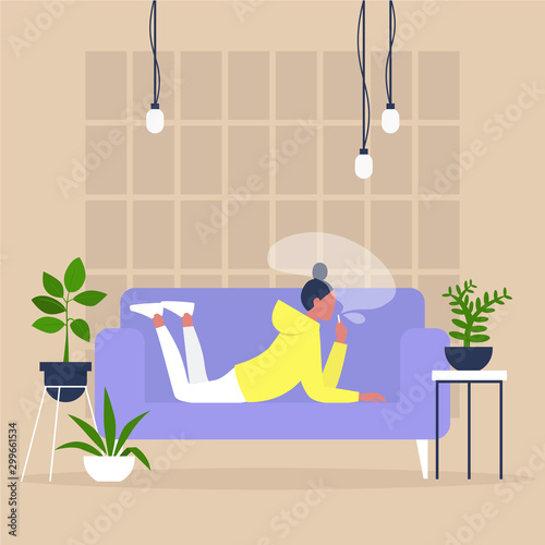 Young female character smoking a vape or a joint of cannabis on a sofa in a cozy interior with houseplants, modern millennial lifestyle