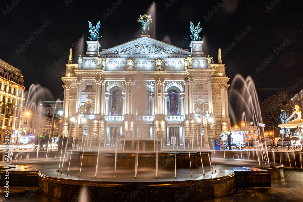 Lviv opera theater at night, night view of lviv opera theater, Lviv, Lvov, Ukraine