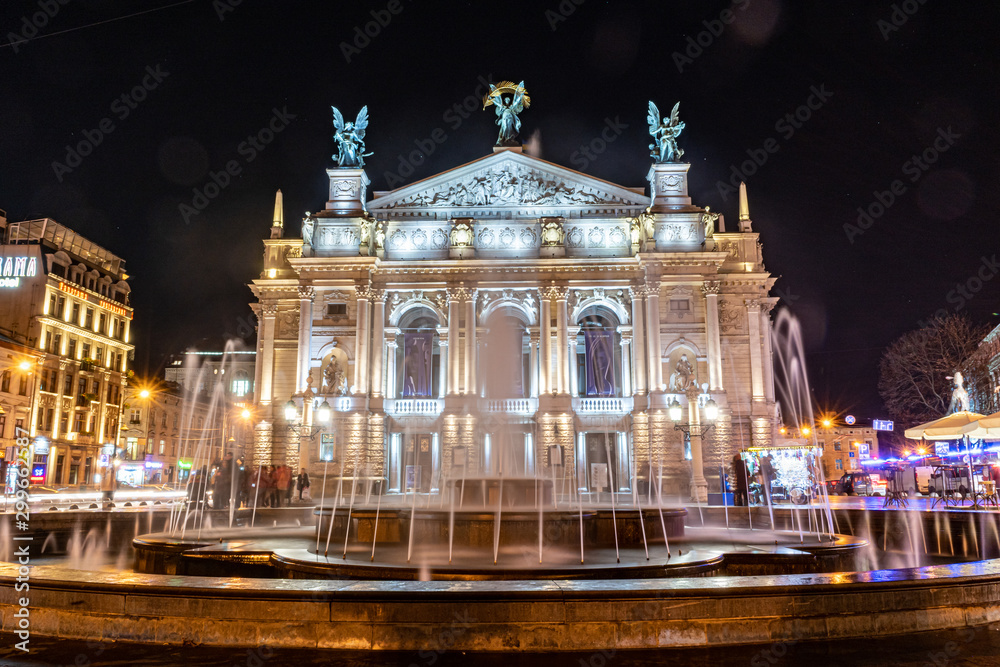 Lviv opera theater at night, night view of lviv opera theater, Lviv, Lvov, Ukraine
