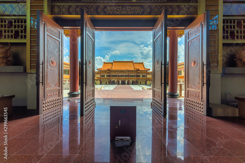 Khlong Sam Wa, Bangkok, Thailand - October 27, 2019 : Fo Guang Shan Thaihua Temple - Exit door is inside the main hall
