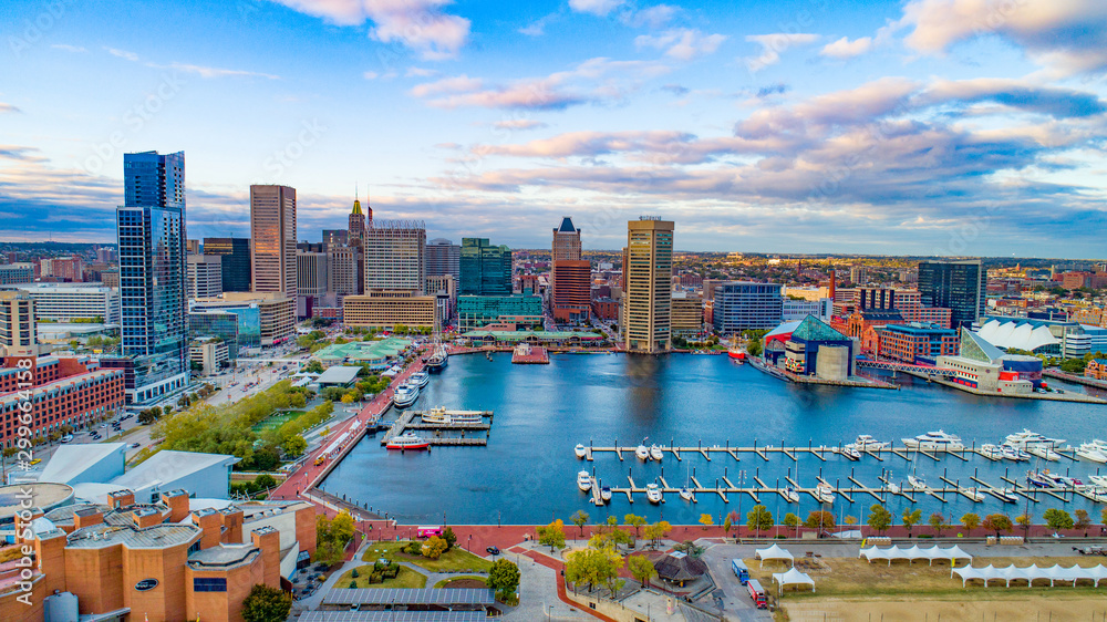 Baltimore, Maryland, USA Inner Harbor Skyline Aerial Panorama - obrazy, fototapety, plakaty 