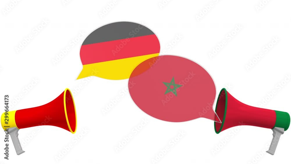 Speech bubbles with flags of Morocco and Germany and loudspeakers. Intercultural dialogue or international talks related 3D animation Speech bubbles with flags of Morocco and Germany and loudspeakers. Intercultural dialogue or international talks related 3D animation
