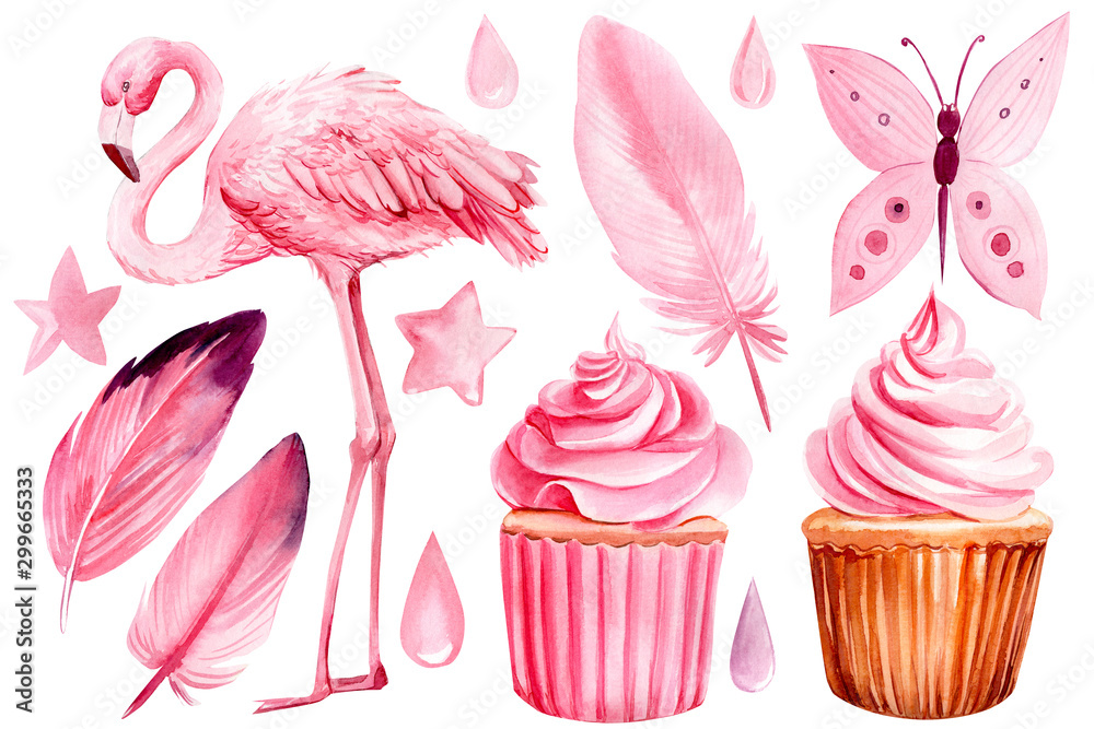 set of elements on an isolated white background, flamingos, pink feathers, sweets, cupcakes, stars, drops, butterfly watercolor illustration, hand drawing