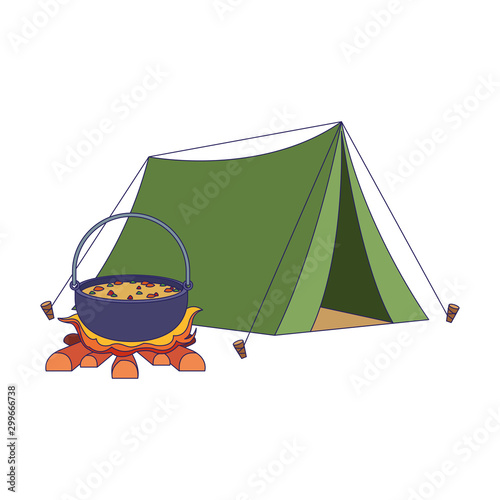 camping tent and bonfire with pot icon, flat design