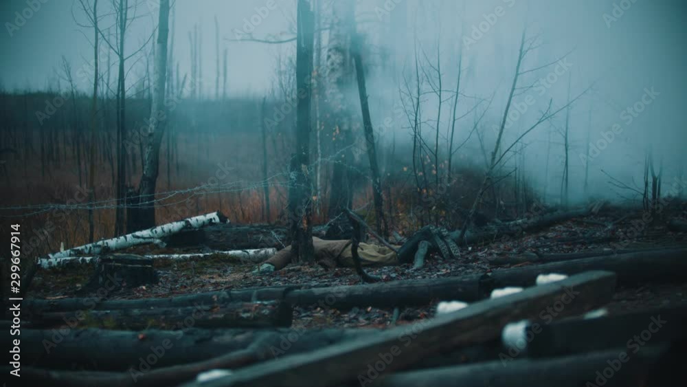 A landscape of autumn foggy forest - a dead soldiers body lying on the ground A landscape of autumn foggy forest - a dead soldiers body lying on the ground