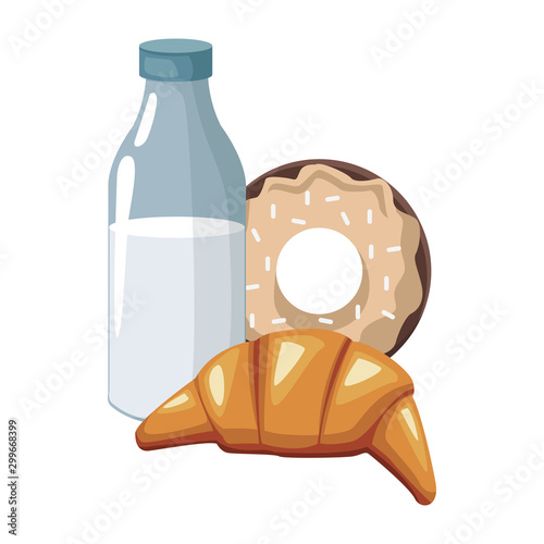 milk bottle with croissant and sweet donut, colorful design
