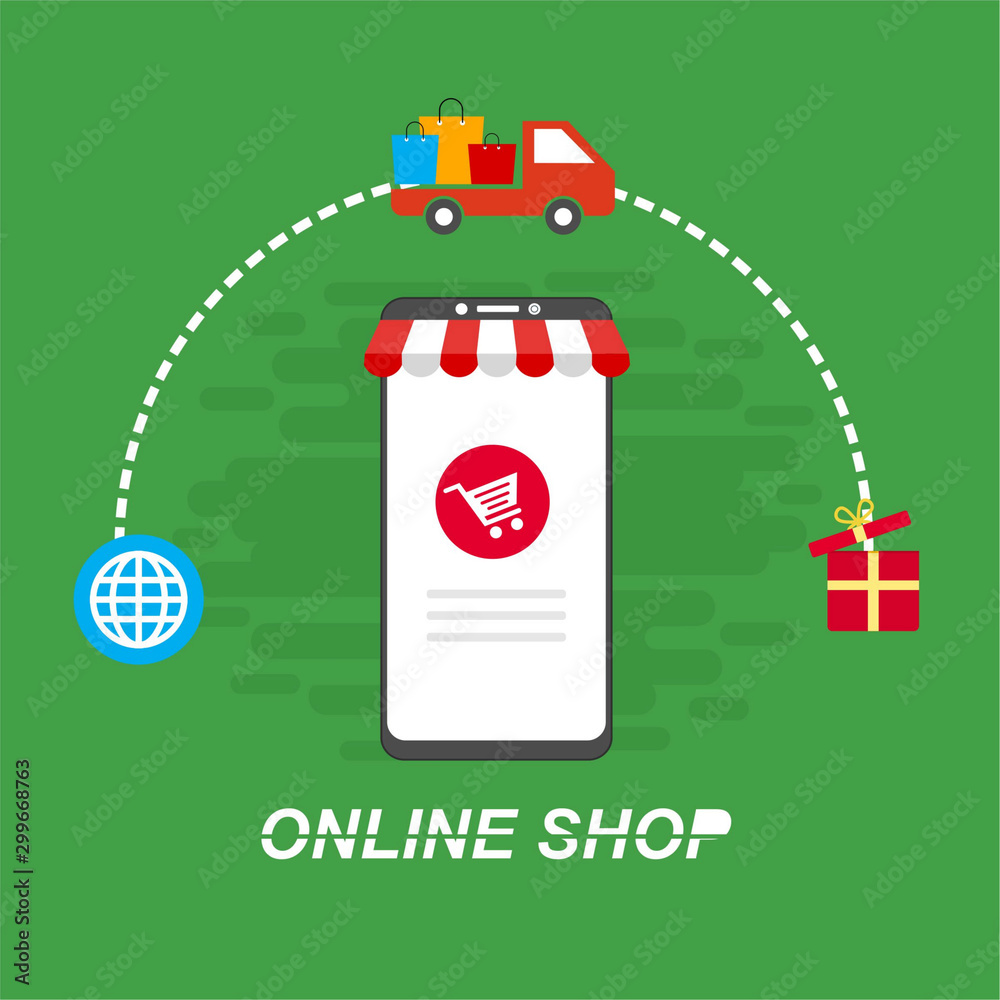 Naklejka premium Online shopping concept desktop with computer, table, shopping bags, credit cards, coupons and products