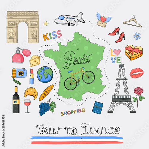 Tour to France icon set.Hand draw