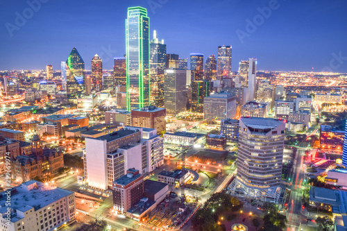 Aerial View of Downtown Dallas (Skyline) After Sunset - Dallas, Texas, USA 