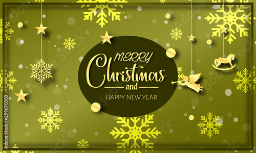 Christmas holiday background with golden ornaments and inscription