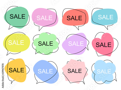 Set of flat colorful bubble speech vector. Banners, price tags, stickers, posters, badges. Isolated on white background.