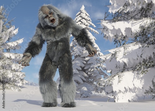 Yeti winter in the forest 3d illustration