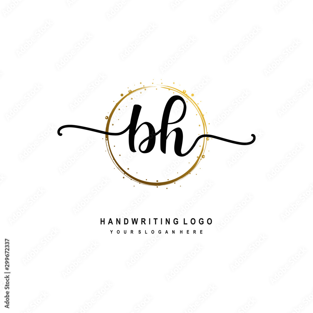 Initials letter BH vector handwriting logo template. with a circle brush and splash of gold paint Initials letter BH vector handwriting logo template. with a circle brush and splash of gold paint