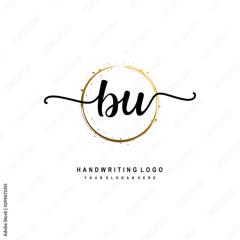 Initials letter BU vector handwriting logo template. with a circle brush and splash of gold paint Initials letter BU vector handwriting logo template. with a circle brush and splash of gold paint