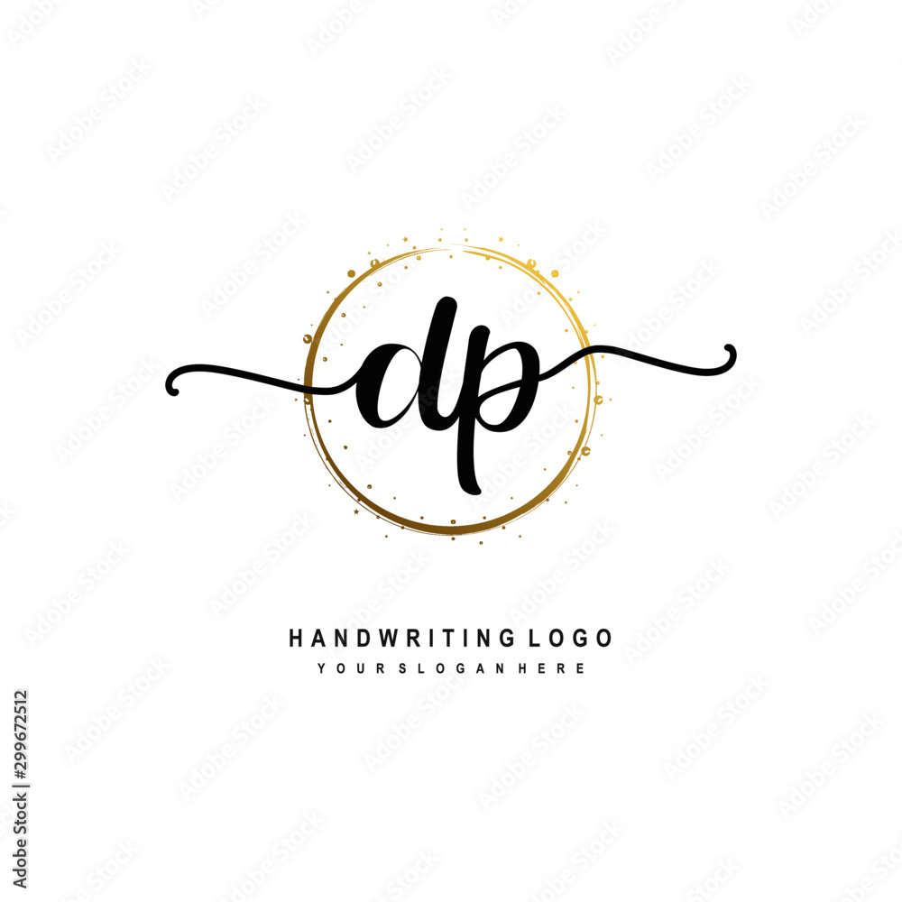 Initials letter DP vector handwriting logo template. with a circle brush and splash of gold paint Initials letter DP vector handwriting logo template. with a circle brush and splash of gold paint