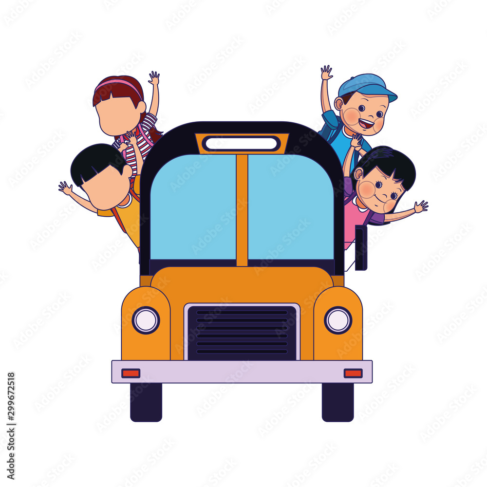 school bus with happy kids icon, colorful design