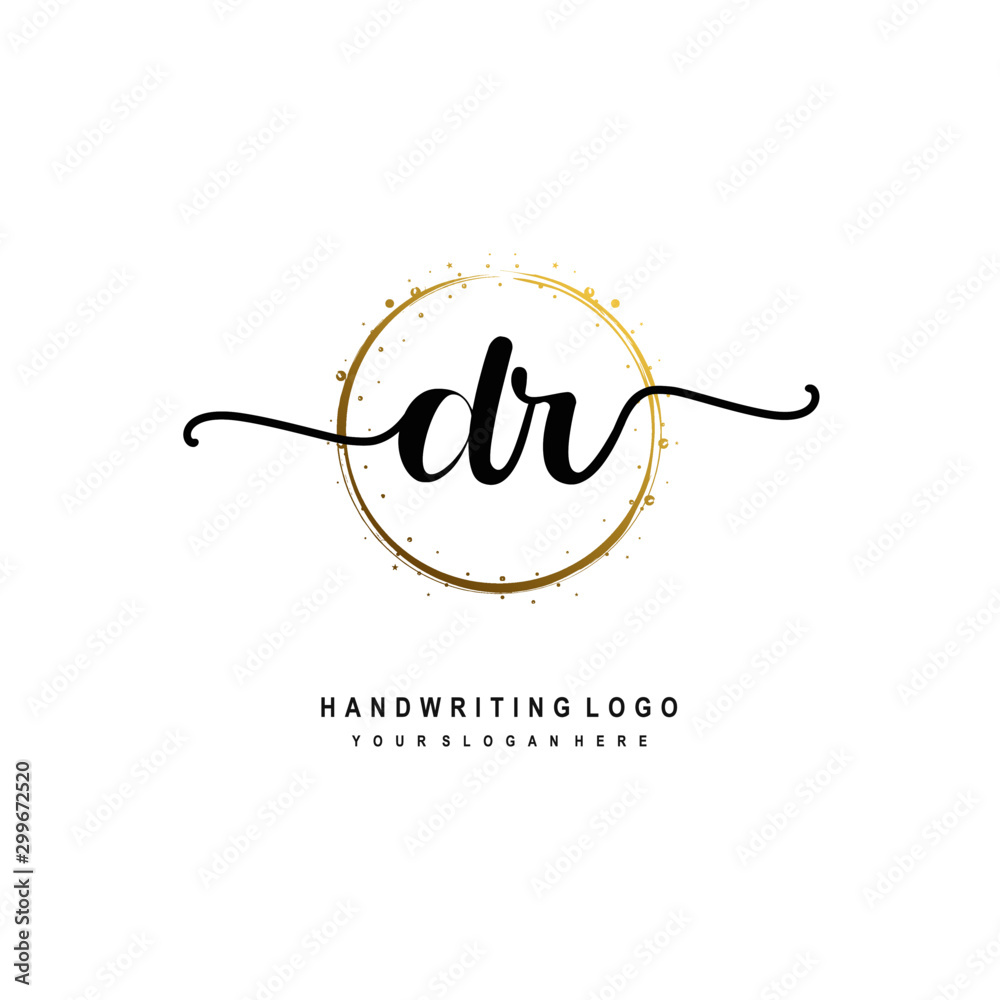 Initials letter DR vector handwriting logo template. with a circle brush and splash of gold paint Initials letter DR vector handwriting logo template. with a circle brush and splash of gold paint