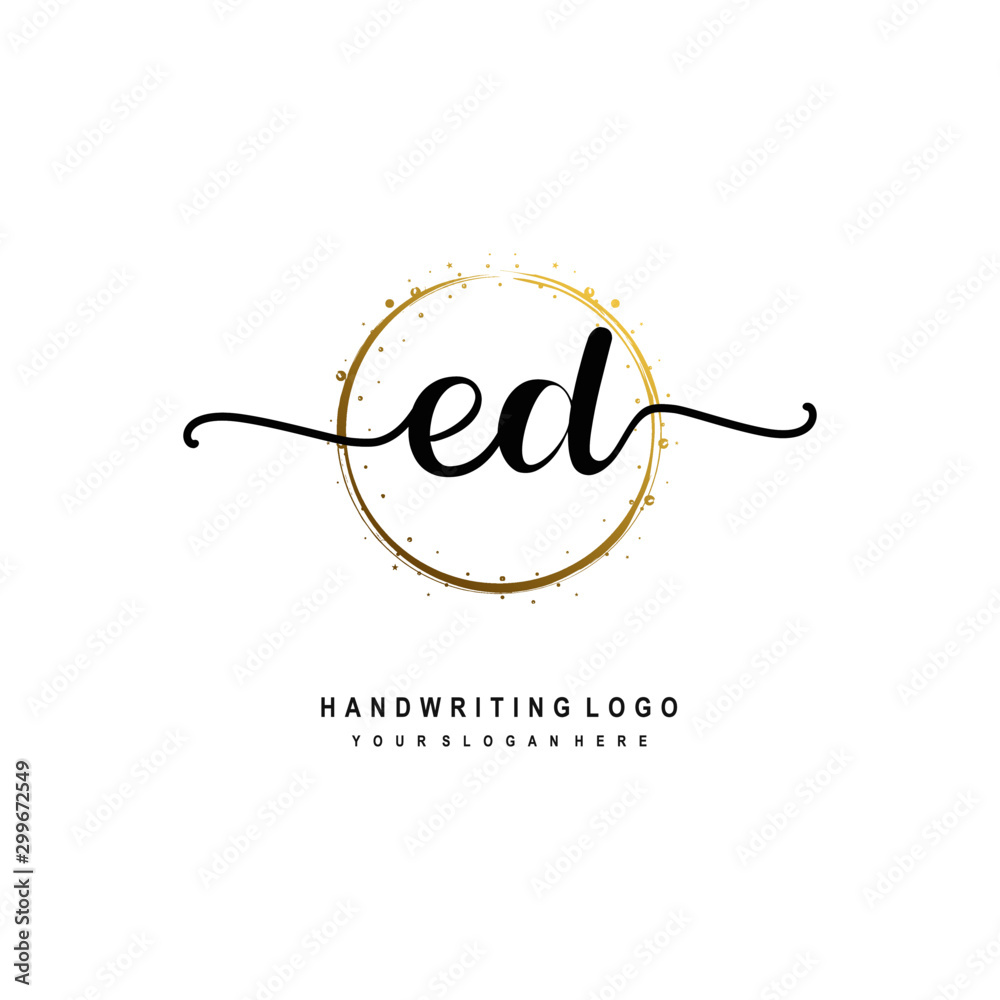 Initials letter ED vector handwriting logo template. with a circle brush and splash of gold paint Initials letter ED vector handwriting logo template. with a circle brush and splash of gold paint