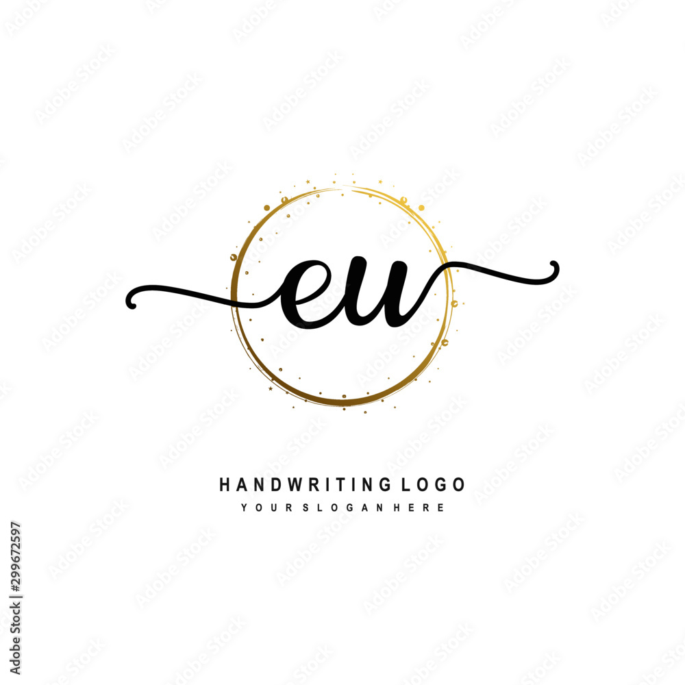Initials letter EU vector handwriting logo template. with a circle brush and splash of gold paint Initials letter EU vector handwriting logo template. with a circle brush and splash of gold paint