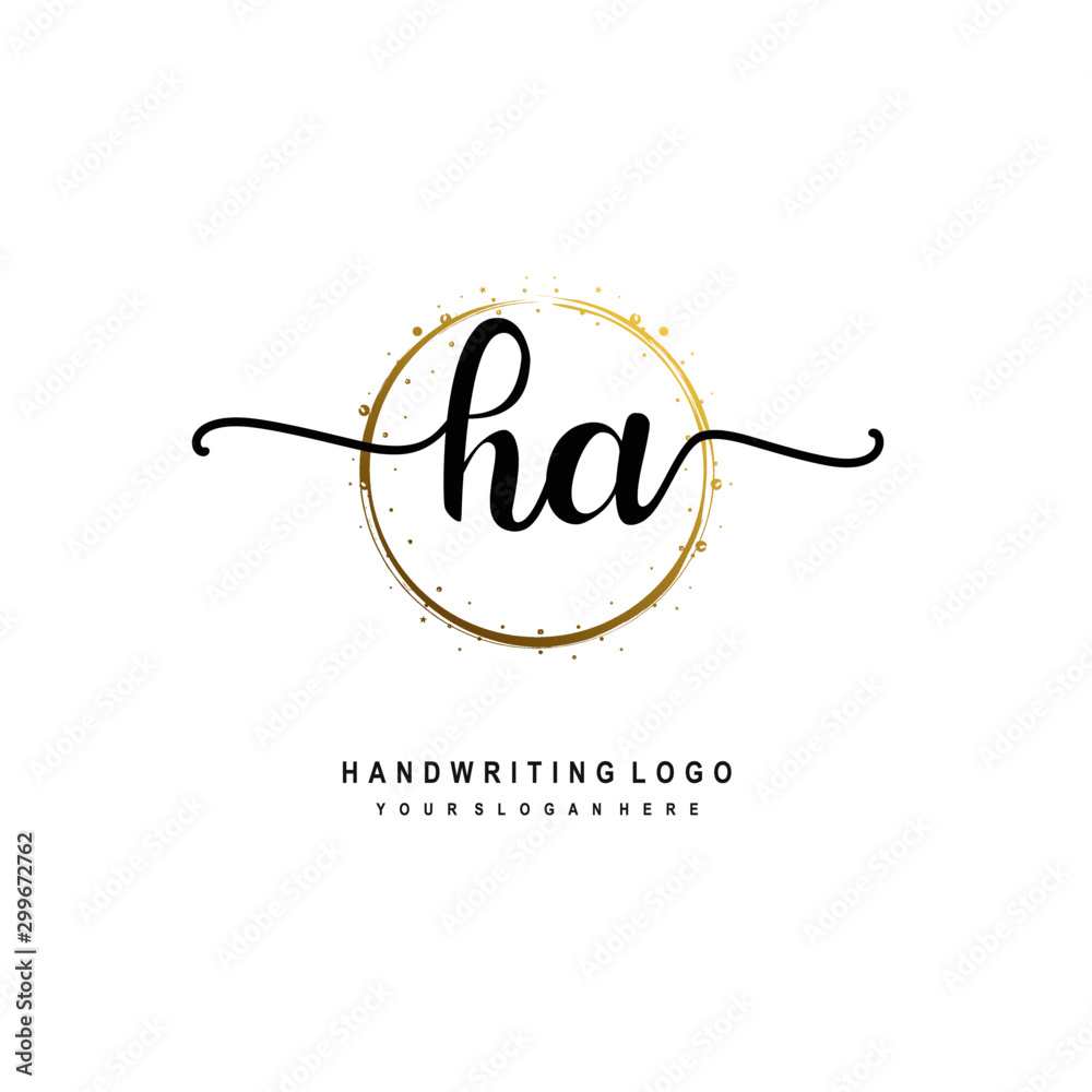 Initials letter HA vector handwriting logo template. with a circle brush and splash of gold paint