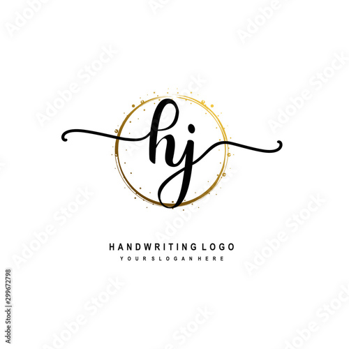 Initials letter HJ vector handwriting logo template. with a circle brush and splash of gold paint