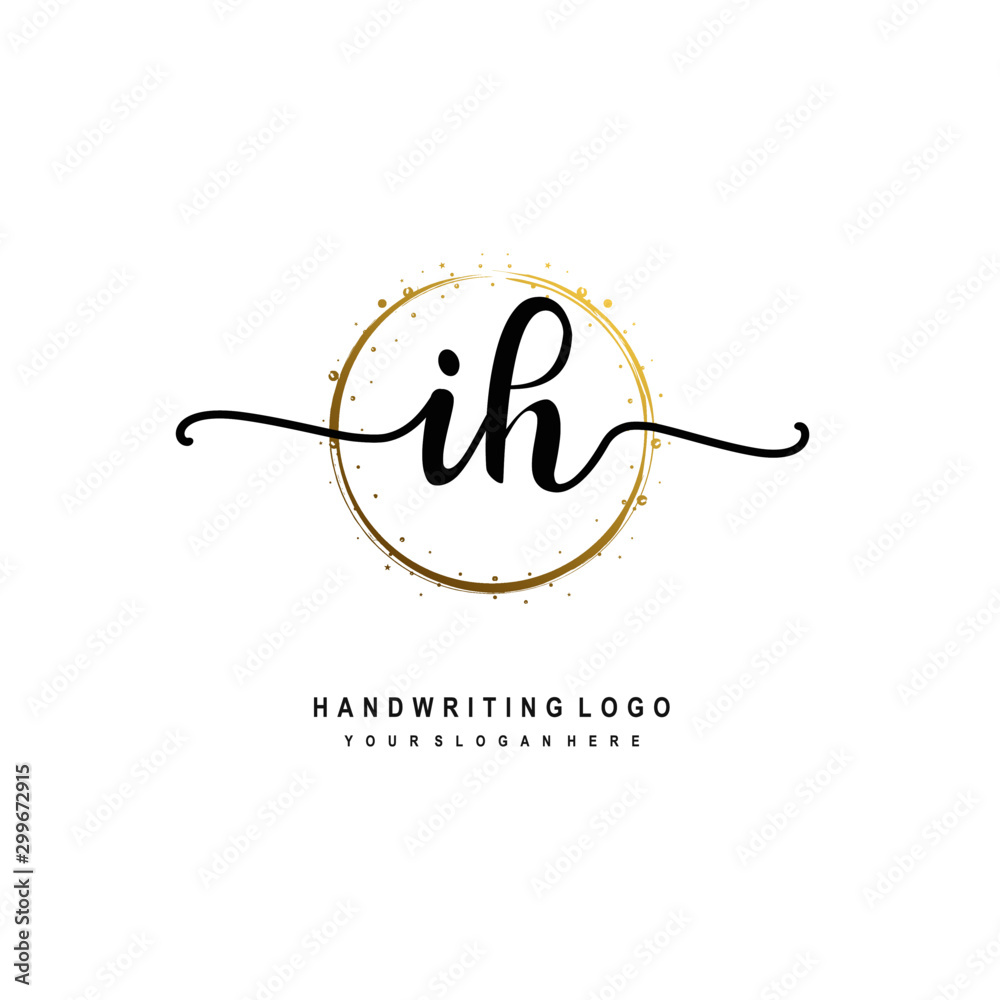 Initials letter IH vector handwriting logo template. with a circle brush and splash of gold paint Initials letter IH vector handwriting logo template. with a circle brush and splash of gold paint