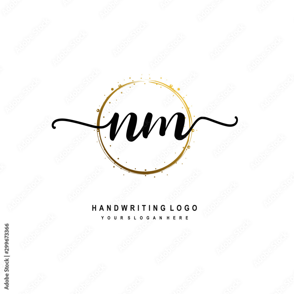 Initials letter NM vector handwriting logo template. with a circle brush and splash of gold paint Initials letter NM vector handwriting logo template. with a circle brush and splash of gold paint