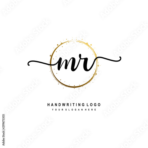 Initials letter MR vector handwriting logo template. with a circle brush and splash of gold paint