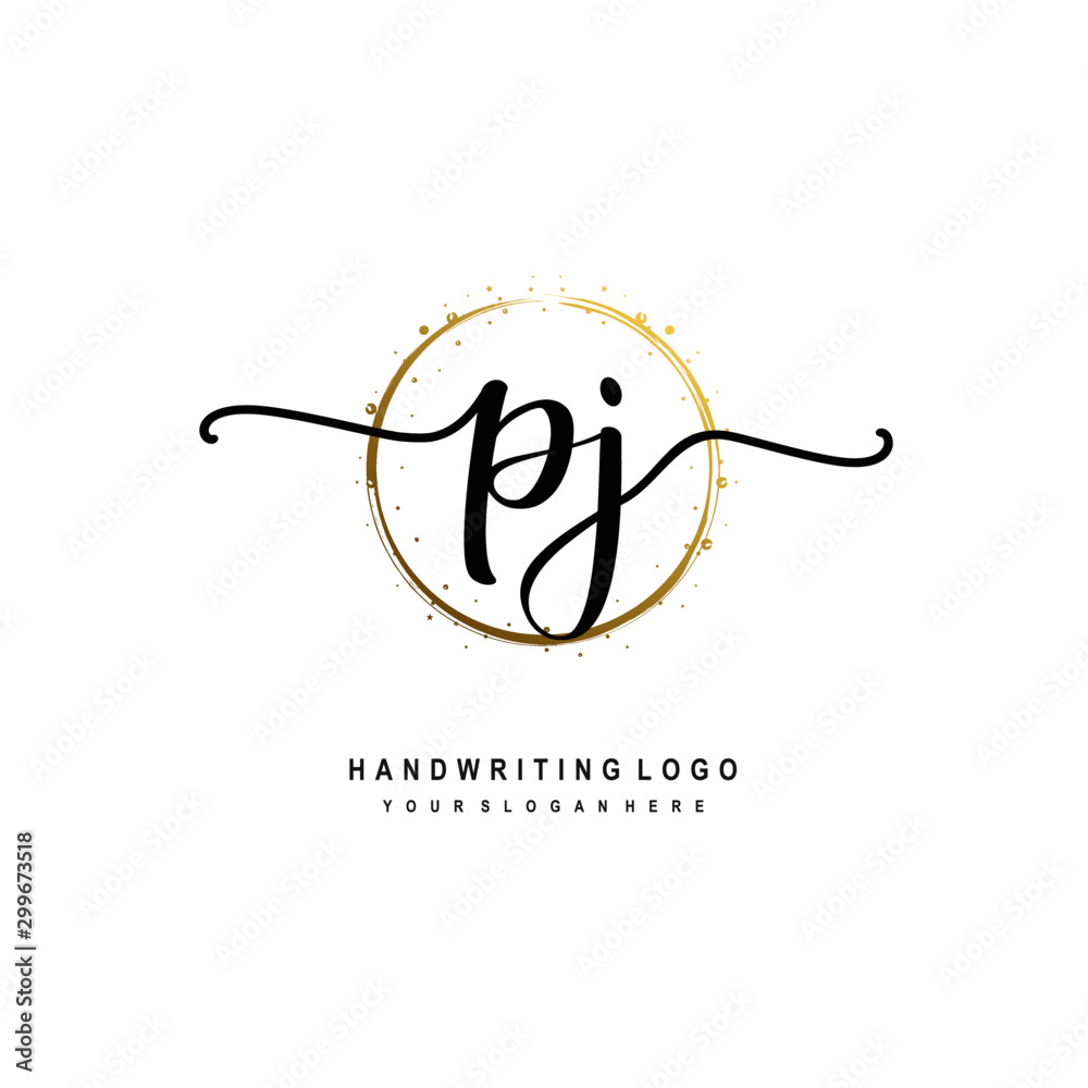Initials letter PJ vector handwriting logo template. with a circle brush and splash of gold paint Initials letter PJ vector handwriting logo template. with a circle brush and splash of gold paint