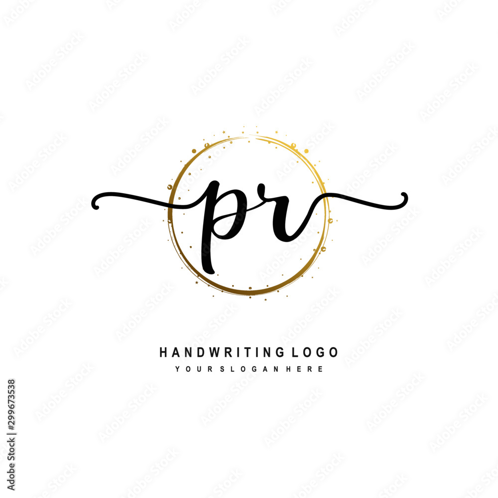Initials letter PR vector handwriting logo template. with a circle brush and splash of gold paint Initials letter PR vector handwriting logo template. with a circle brush and splash of gold paint