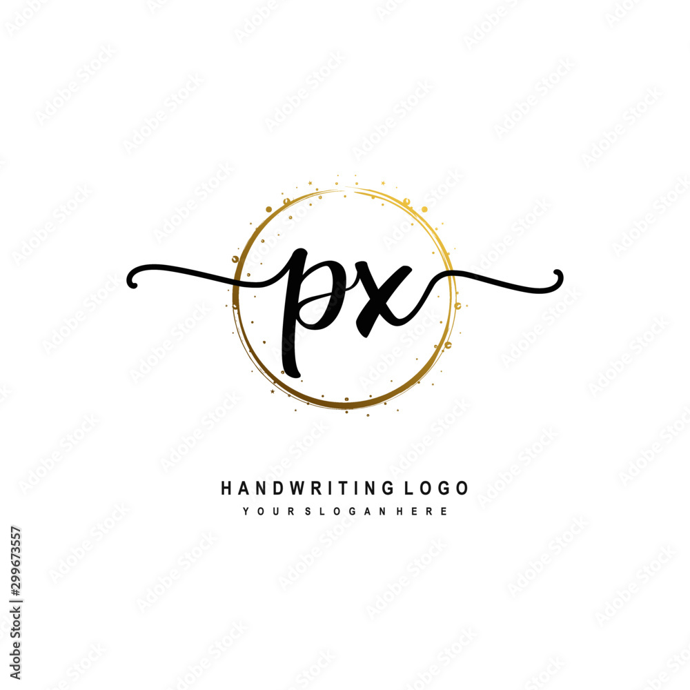 Initials letter PX vector handwriting logo template. with a circle brush and splash of gold paint Initials letter PX vector handwriting logo template. with a circle brush and splash of gold paint