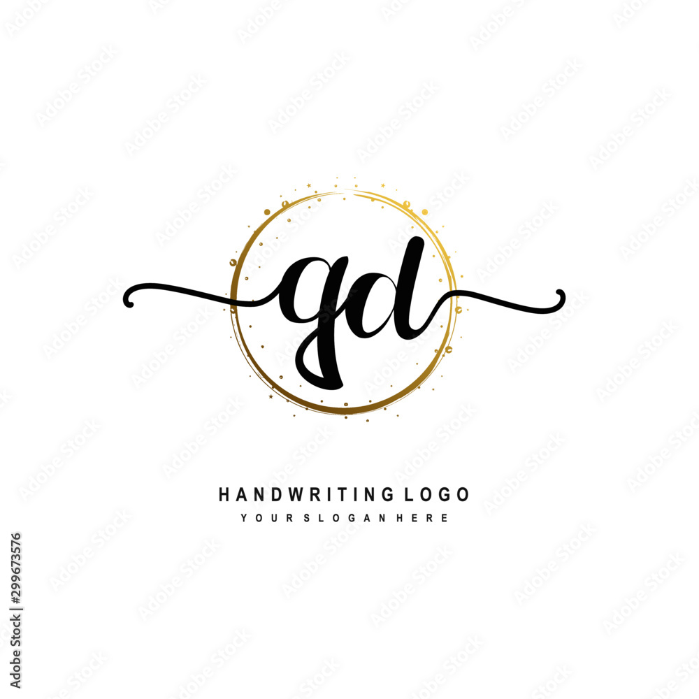 Initials letter QD vector handwriting logo template. with a circle brush and splash of gold paint Initials letter QD vector handwriting logo template. with a circle brush and splash of gold paint