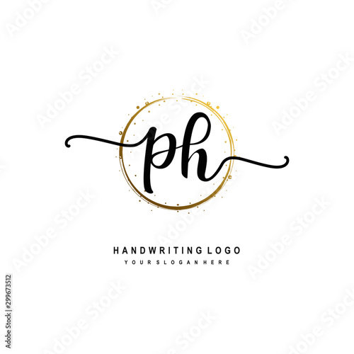 Initials letter PH vector handwriting logo template. with a circle brush and splash of gold paint