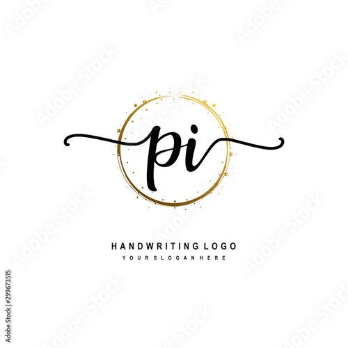 Initials letter PI vector handwriting logo template. with a circle brush and splash of gold paint