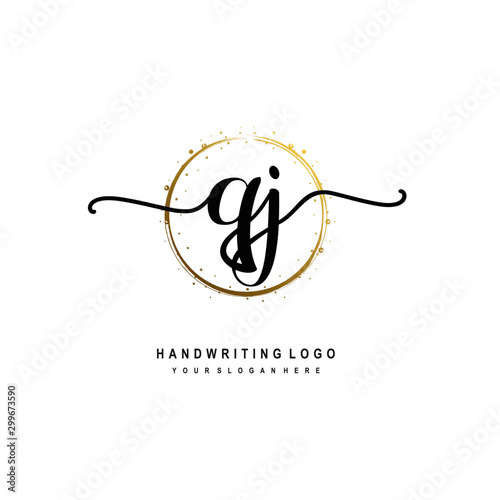Initials letter QJ vector handwriting logo template. with a circle brush and splash of gold paint