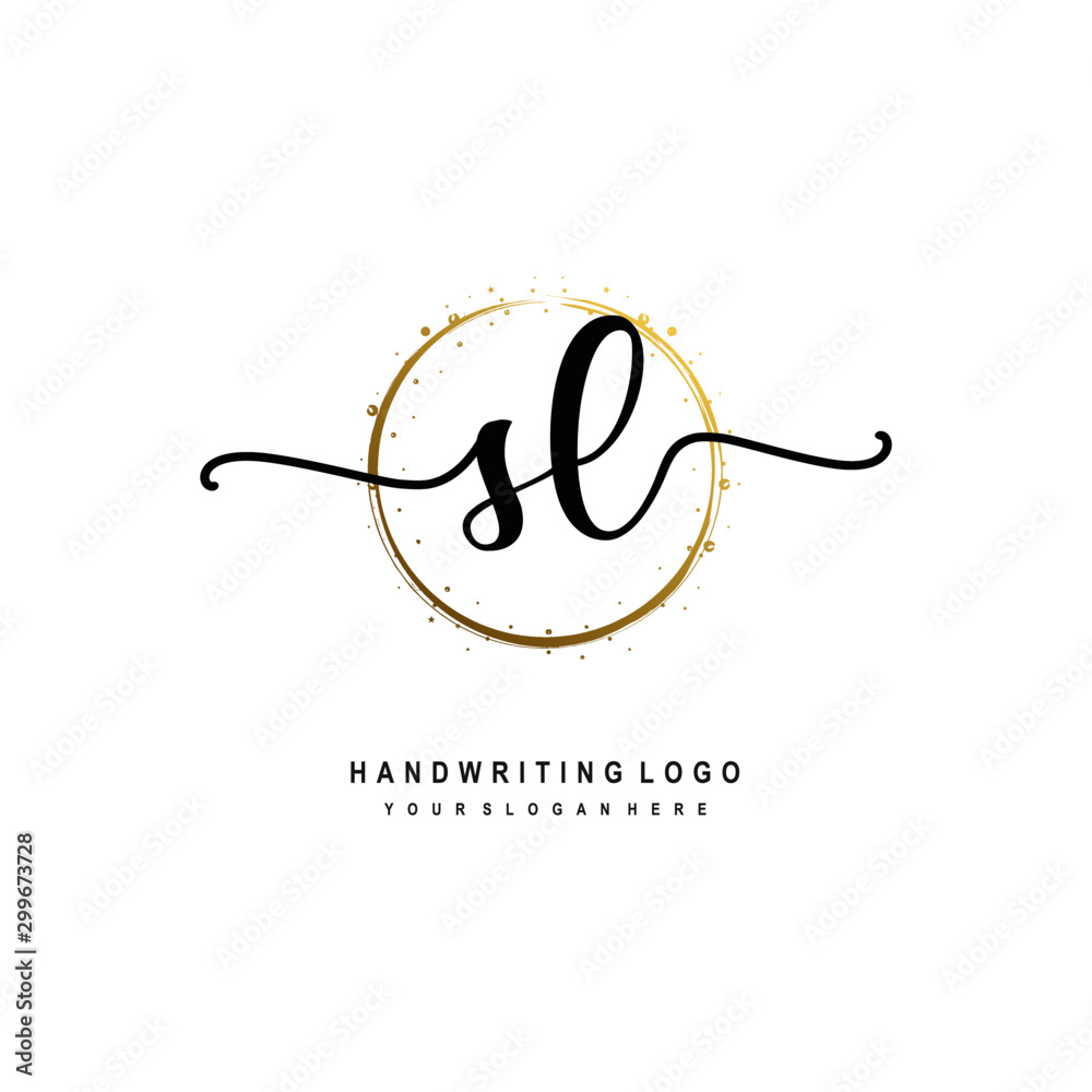 Obraz premium Initials letter SL vector handwriting logo template. with a circle brush and splash of gold paint