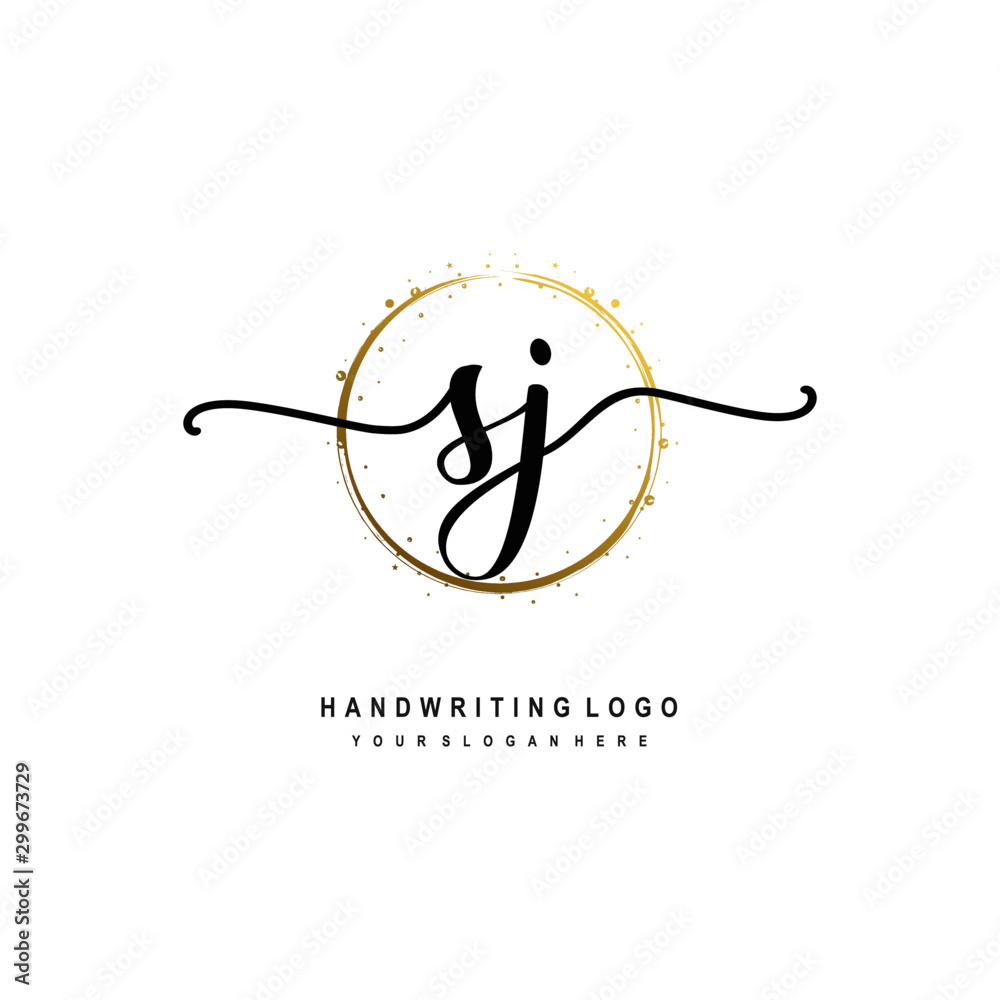 Initials letter SJ vector handwriting logo template. with a circle brush and splash of gold paint Initials letter SJ vector handwriting logo template. with a circle brush and splash of gold paint