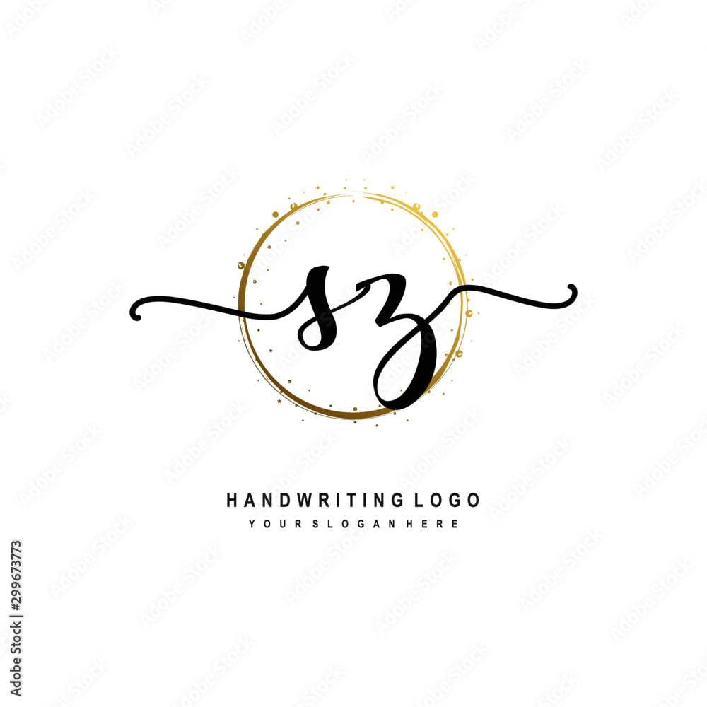 Fototapeta premium Initials letter SZ vector handwriting logo template. with a circle brush and splash of gold paint