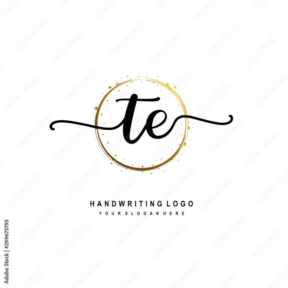 Initials letter TE vector handwriting logo template. with a circle brush and splash of gold paint Initials letter TE vector handwriting logo template. with a circle brush and splash of gold paint