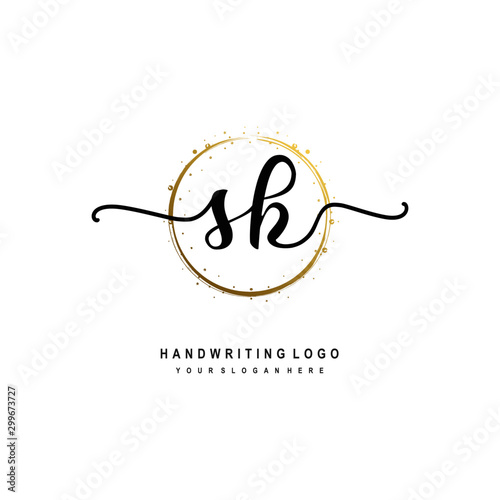 Initials letter SK vector handwriting logo template. with a circle brush and splash of gold paint