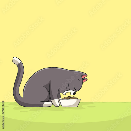 Cat eats her food. Hand drawn vector illustration with separate layers.