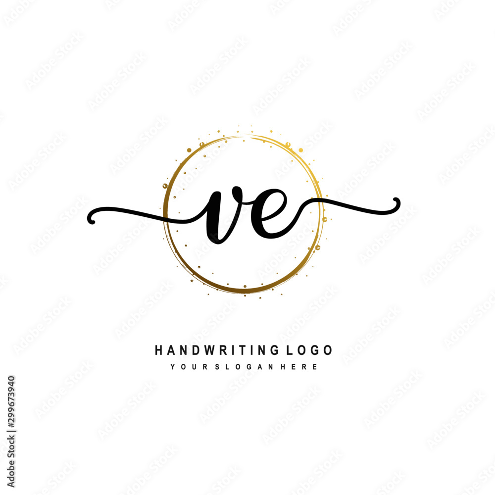Initials letter VE vector handwriting logo template. with a circle brush and splash of gold paint