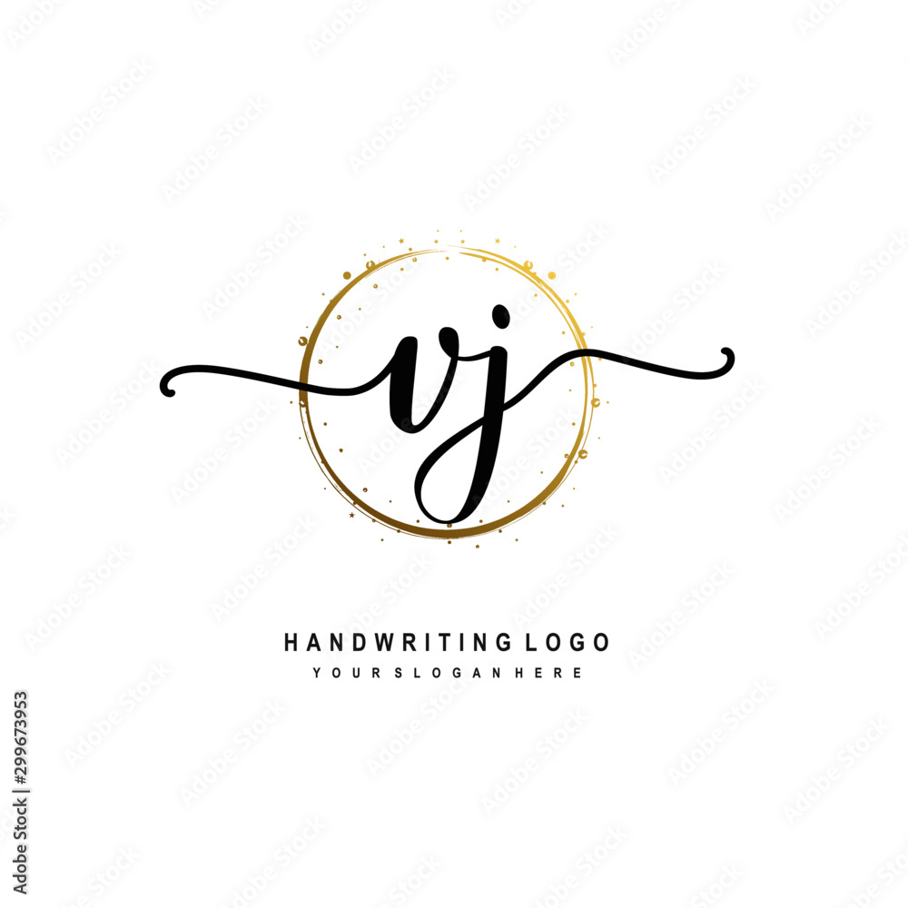 Initials letter VJ vector handwriting logo template. with a circle brush and splash of gold paint Initials letter VJ vector handwriting logo template. with a circle brush and splash of gold paint