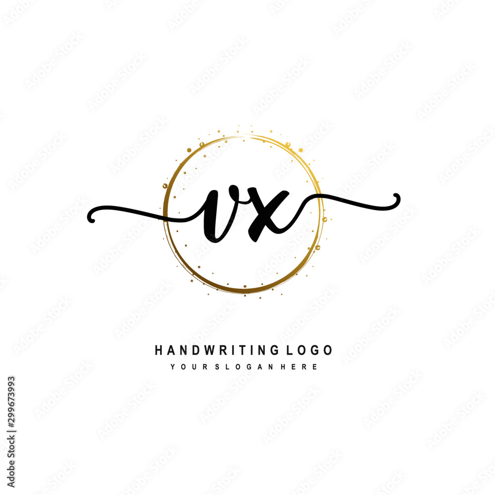 Initials letter VX vector handwriting logo template. with a circle brush and splash of gold paint Initials letter VX vector handwriting logo template. with a circle brush and splash of gold paint