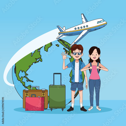 tourist couple with world planet and airplane
