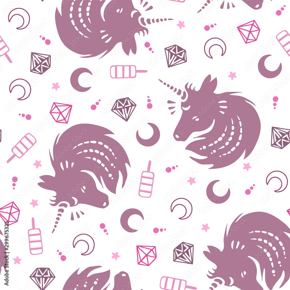 Magic design hand drawing seamless pattern with silhouette unicorn, moon, stars, ice cream and diamonds in pink and purple colors. Vector illustration background.	